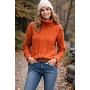 LL Bean Orange Cotton Cable Knit Turtleneck‎ Sweater Womens Medium